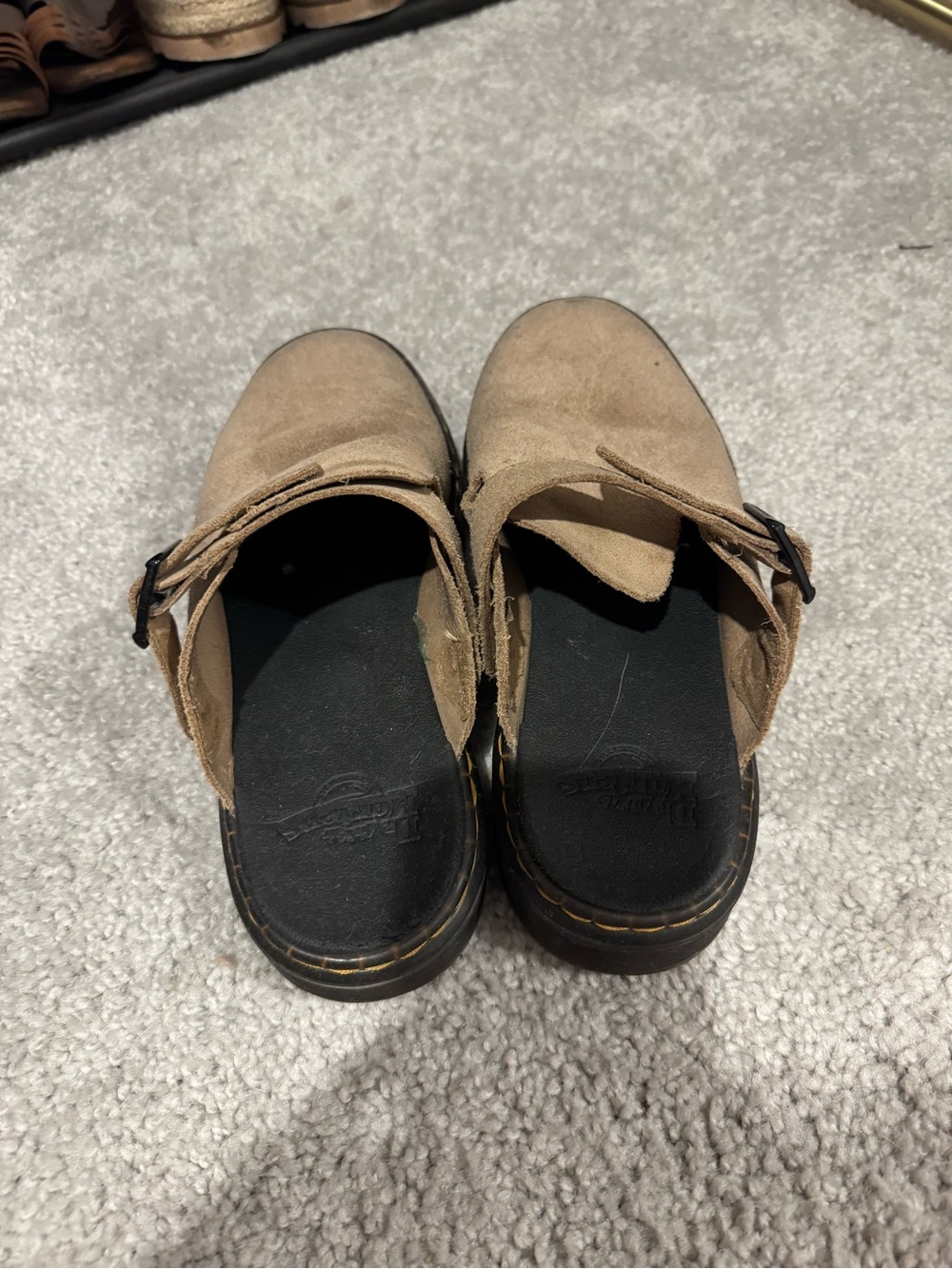 Dr. Martens Tan Suede Slip-On Mule Clogs with Strap - Picture 2 of 3